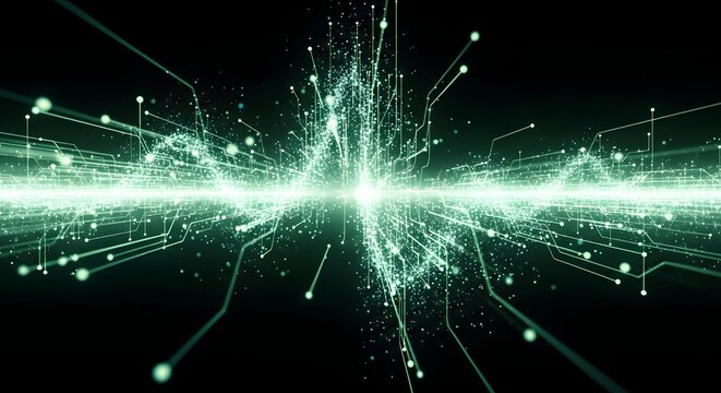futuristic light green electric light wave with digital circuit lines and glowing particles in motion