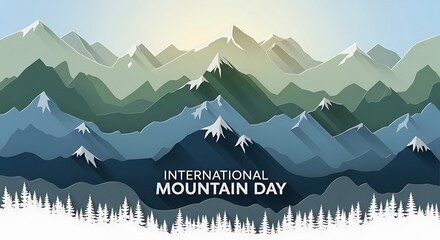 Serene illustration of majestic layered mountains with snow-capped peaks, a dense forest, and a vibrant sky, symbolizing the beauty and importance of nature on International Mountain Day