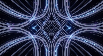Abstract symmetrical tunnel of glowing blue and white light trails creating a futuristic digital vortex pattern