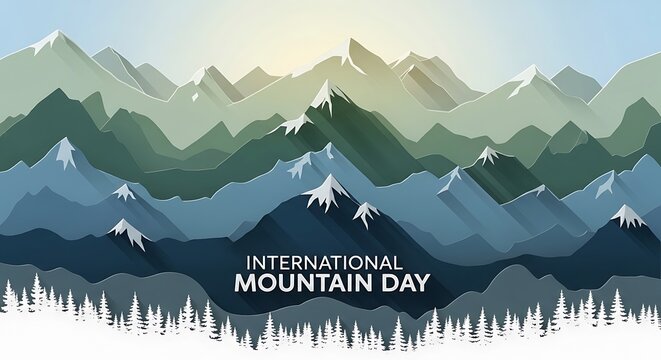 Serene illustration of majestic layered mountains with snow-capped peaks, a dense forest, and a vibrant sky, symbolizing the beauty and importance of nature on International Mountain Day