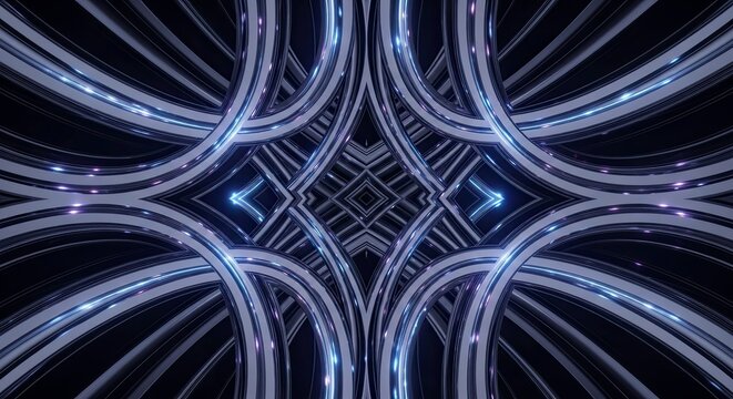 Abstract symmetrical tunnel of glowing blue and white light trails creating a futuristic digital vortex pattern - Powered by Adobe