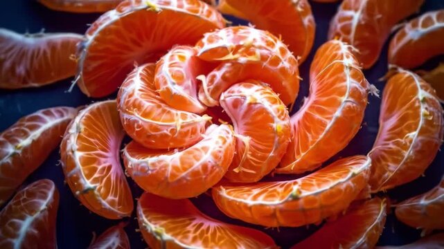 Close up of fresh mandarin orange segments on dark surface