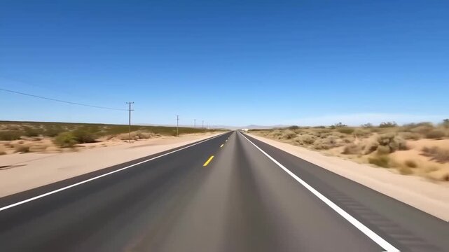 A straight, open road stretches to the horizon under a bright, cloudless blue sky