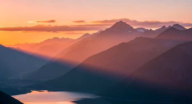 Golden sunbeams cascade over a serene mountain range and tranquil lake during a breathtaking alpine sunrise, casting long shadows across the valley