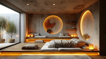Modern Bedroom Minimalist Raw Concrete Oak Belgian Style Warm LED Lighting Serene Mood Crisp Details Elegant Design Luxurious Calm Ambiance (AI-Generated)