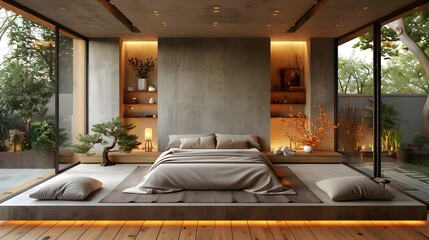 Modern Bedroom Minimalist Raw Concrete Oak Belgian Style Warm LED Lighting Serene Mood Crisp Details Elegant Design Luxurious Calm Ambiance (AI-Generated)