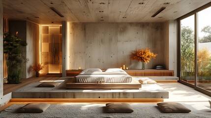 Modern Bedroom Minimalist Raw Concrete Oak Belgian Style Warm LED Lighting Serene Mood Crisp Details Elegant Design Luxurious Calm Ambiance (AI-Generated)