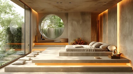 Modern Bedroom Minimalist Raw Concrete Oak Belgian Style Warm LED Lighting Serene Mood Crisp Details Elegant Design Luxurious Calm Ambiance (AI-Generated)