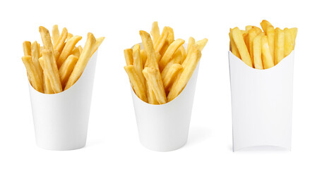 Tasty French fries in paper takeout containers isolated on white, set