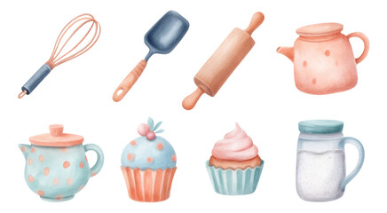 Cute Kitchen Accessories in Pastel Colors Isolated on Transparent Background