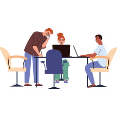 Three Diverse Professionals Collaborating Around a Table with Laptops and Chairs in a Bright Office Environment Discussing Ideas