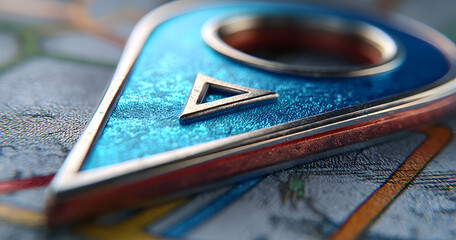 Blue location symbol pin icon sign or navigation locator map travel gps direction pointer and marker place position point design element on route graphic road mark destination background. 3D render.