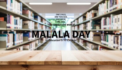 Malala Day concept. Empty wooden table top blurred library or book store setting with books and reading material.