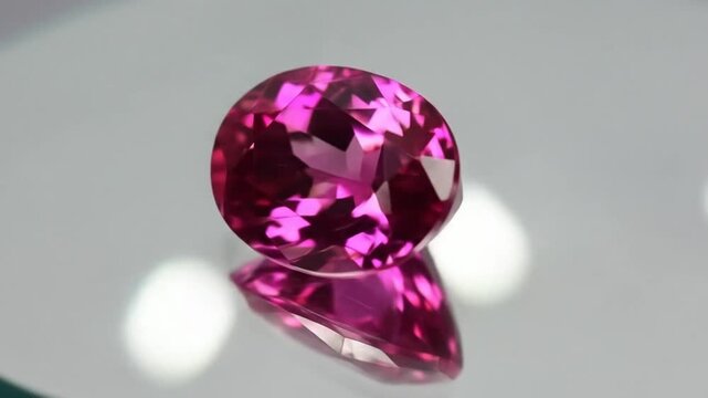 Captivating oval cut pink gemstone rotating showcasing its brilliance and facets in studio lighting