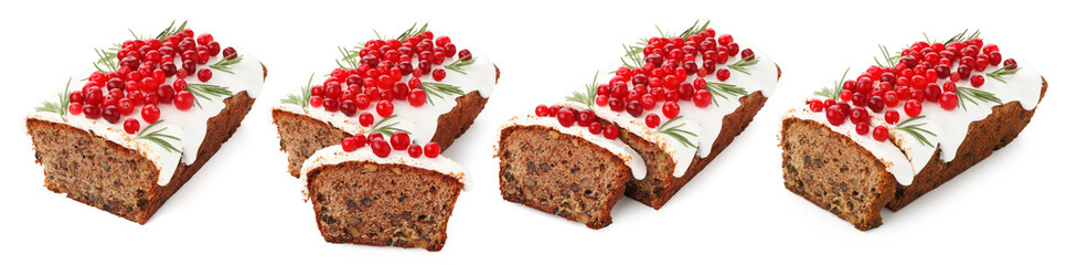 Christmas cake decorated with cranberries and rosemary isolated on white, set