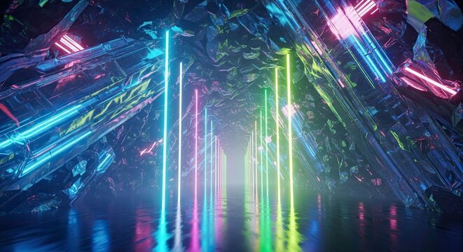 Abstract futuristic tunnel with glowing neon light beams in vibrant cyan, magenta, and green colors reflecting on wet floor