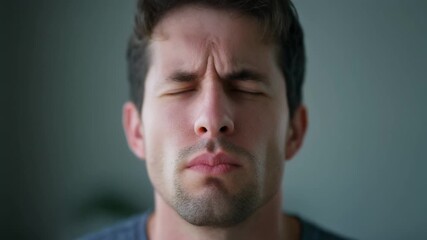Close-up of a young man with his eyes closed and face scrunched up, expressing discomfort, pain, or intense concentration. - Powered by Adobe