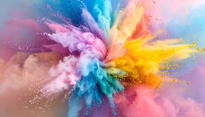 A vibrant, exploding cloud of multicolored powder against a light, soft background