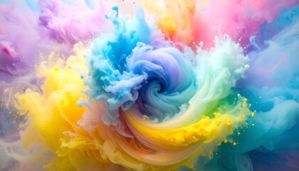 Vibrant abstract art featuring a swirling cloud of colorful smoke, exploding outwards