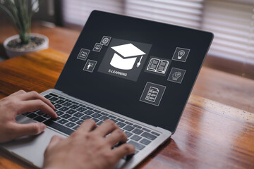 Digital e-learning platform displayed on a laptop with education icons representing online courses remote training and modern learning technology for students, professionals and corporate development.