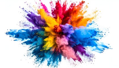 A vibrant explosion of colorful powder spreading outwards on a white background