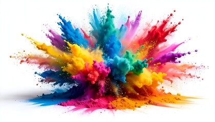 A burst of vibrant colored powder explodes outward from a central point, against white