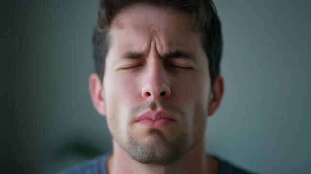 Close-up of a young man with his eyes closed and face scrunched up, expressing discomfort, pain, or intense concentration.
