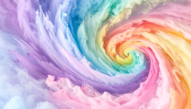 Colorful abstract swirl of pastel powders, forming a vibrant rainbow-like vortex