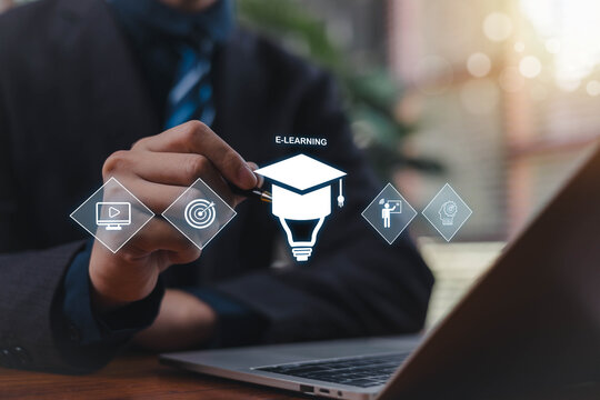 Business professional using digital e-learning interface with icons for online courses, training, and knowledge development, highlighting modern education technology and remote learning solutions.