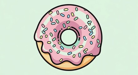 A delightful cartoon donut with sweet pink icing and vibrant sprinkles, a simple vector illustration of a delicious baked pastry