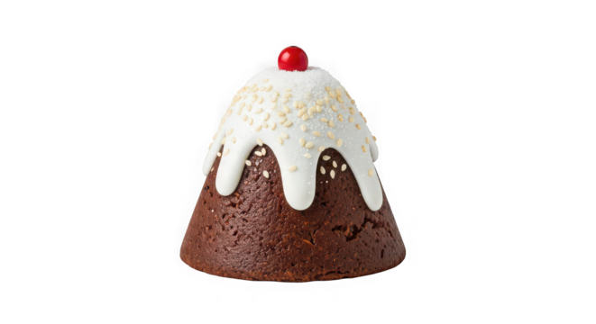 Festive christmas pudding with white icing and cherry topping - Powered by Adobe