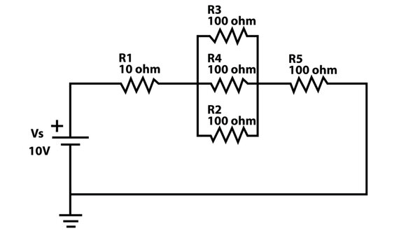 10V Battery Powered Circuit With 100 Ohm Resistors in Mixed Parallel and Series Network