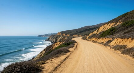 Dirt road curves along a coastal cliff, waves crash, blue sky