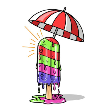 Colorful popsicle with an umbrella on top, melting and dripping