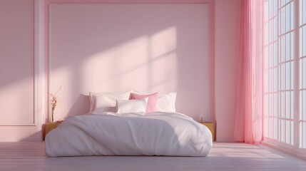 Minimalist Pink Bedroom Interior with Soft Sunlight and Cozy Bed.