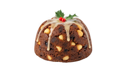 Traditional christmas pudding with icing and holly garnish