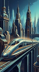 Futuristic high-speed train navigating a stylized art deco metropolis at twilight