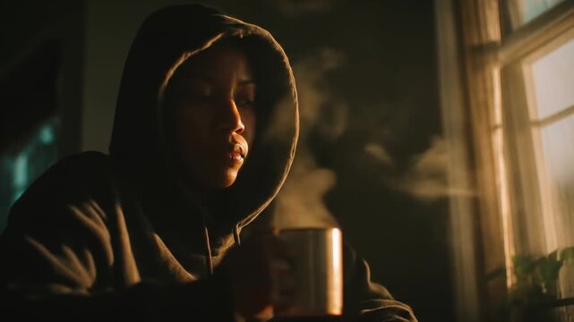 Person in hoodie looks out window with cup in natural sunlight
