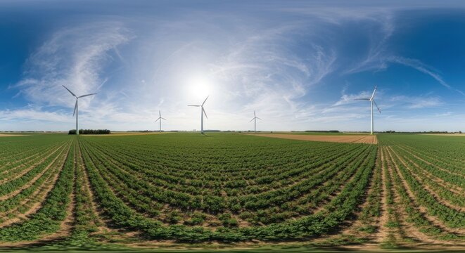 Panoramic view of wind turbines in a vibrant green field beneath a blue sky