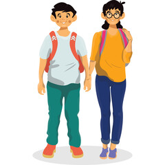 Two Diverse Children Holding Hands Walking Together With Backpacks Against a White Background Children's Education Concept