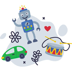 Whimsical Digital Illustration of a Blue Robot Car Drum and Flowers on a Transparent Background
