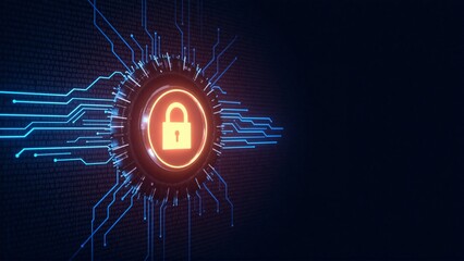 Glowing digital padlock icon connected to blue circuitry lines on a dark background representing cybersecurity protection
