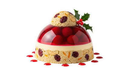Festive christmas dessert shaped like santa s hat with berries and holly