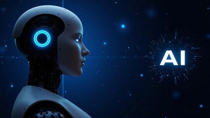 Futuristic humanoid robot profile with glowing blue eye on a dark digital background representing artificial intelligence

