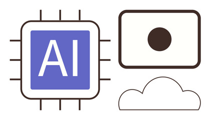AI chip outlined with camera and cloud icon symbolizing artificial intelligence, machine learning, cloud computing, innovation, technology, cybersecurity, automation, and connectivity. Simple flat