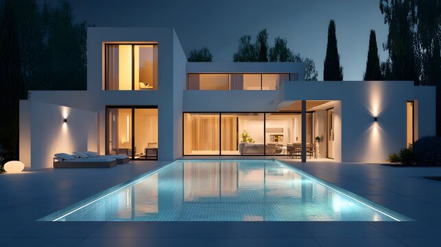 Modern Luxury Villa with Illuminated Pool at Dusk.