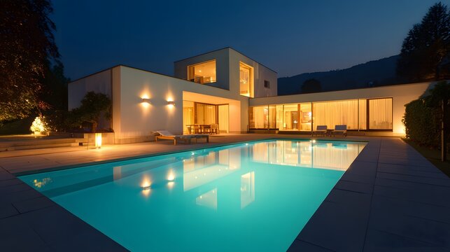 Modern luxury villa with illuminated swimming pool at night, showcasing contemporary architecture and serene ambiance.
