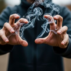 Enigmatic smoke swirling between a person's hands creating a magical effect outdoor