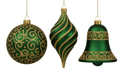 A Set of Three Hanging Green Christmas Ornaments with Gold Glitter Accents, Featuring Various Classic Shapes and Textures, Isolated Against a Transparent Background