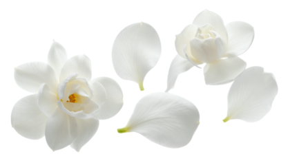 Elegant White Gardenia Flowers and Petals Isolated on White Background